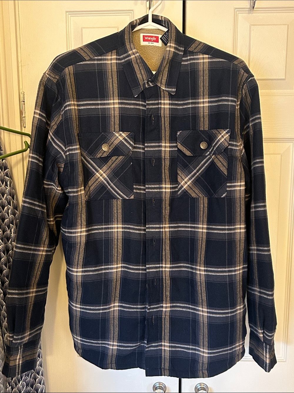 Wrangler Navy and Tan Plaid Long Sleeve Button-Up